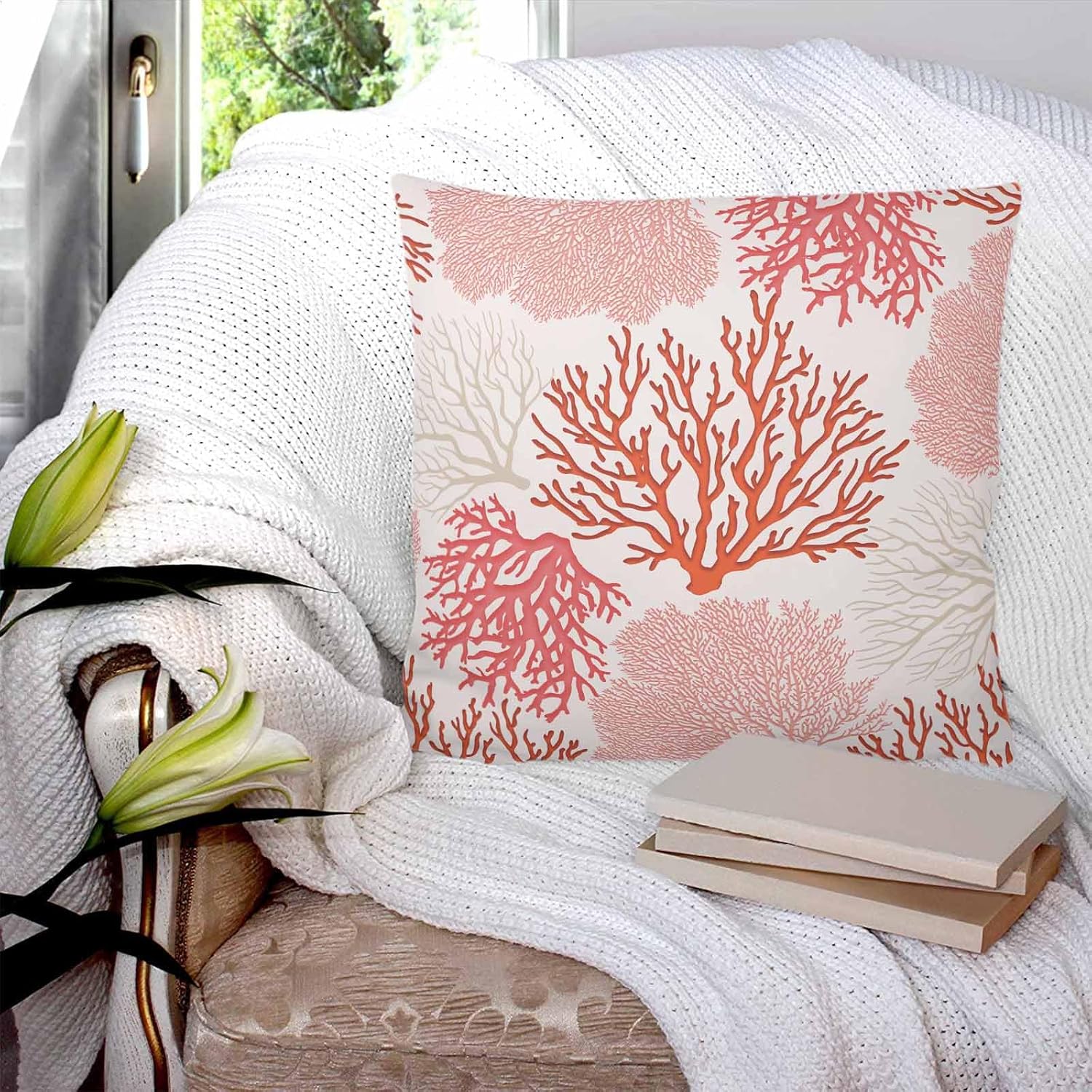 26x26 Pillow Covers Set of 2, Red Coastal Throw Pillow Covers Decorative Couch Cushion Case, Vintage Coral Ocean Modern Sea Abstract Microfiber Square Pillowcases for Bedroom Car Living Room