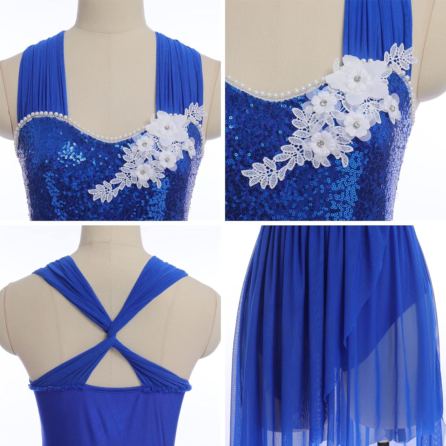 AFAVOM Sequin Flower Lyrical Dance Dress for Women Cross Straps Leotard High Low Flowy Mesh Skirt Contemporary Dance Costume - Image 5
