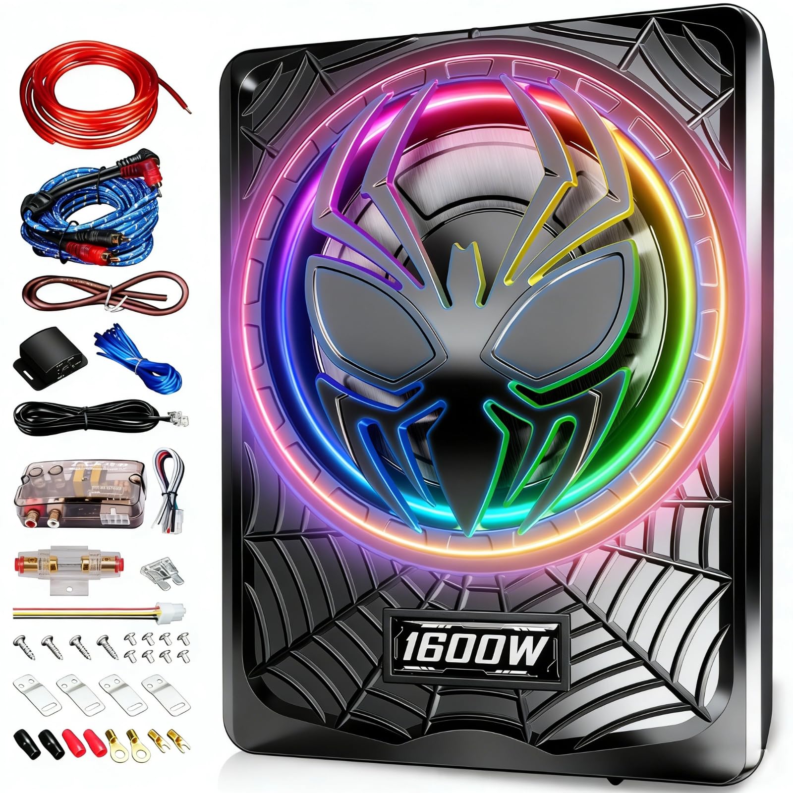1600W 10" Ultra-Thin Under-Seat Car Subwoofer with Built-in D-Class Amplifier, LED Ambient Lights, Independent Bass Knob, LPF/Gain/Bass Boost, Distortion-Free Deep Bass for Most Vehicles
