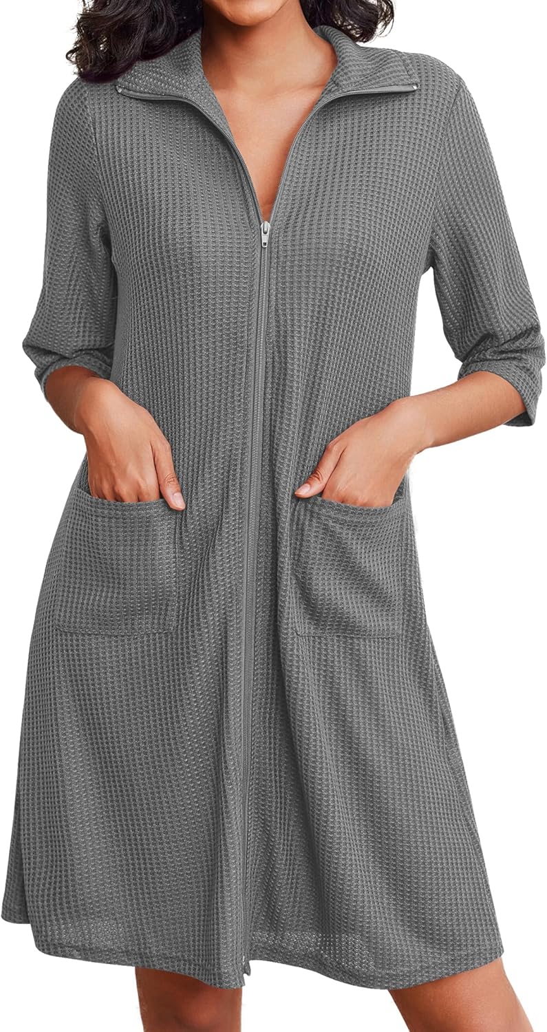 Ekouaer Zipper Robes for Women Waffle Knit Bathrobes Short Lightweight Knee Length Loungewear with Pockets S-XXL Small Dark Grey