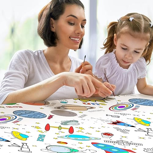 Miniatura 5 de Mantel gigante para colorear del espacio exterior para niños, mantel de papel desechable del universo del sistema solar para niños, actividades y