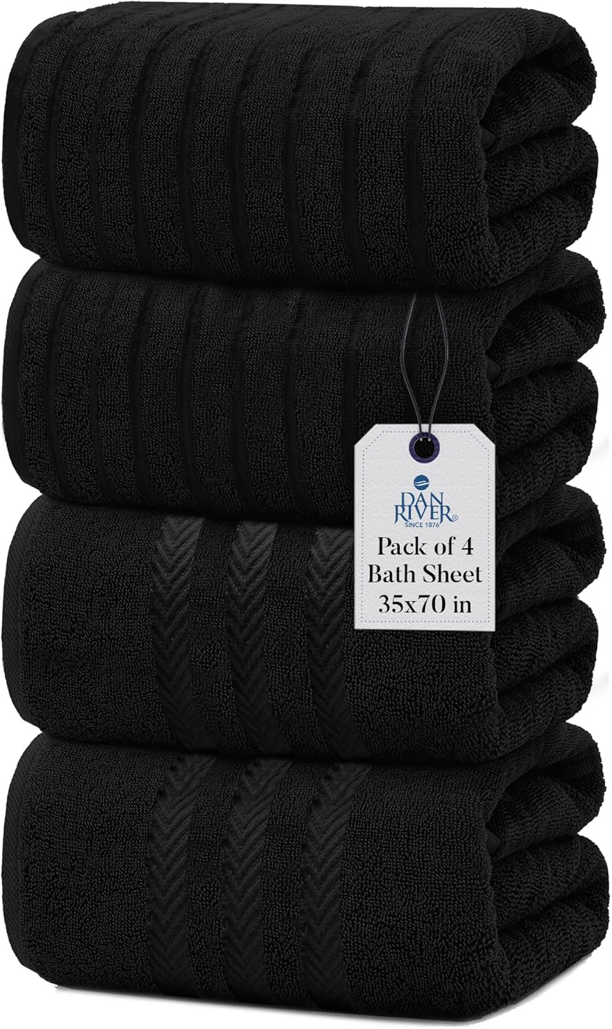 DAN RIVER Pack of 4 Jumbo Bath Sheets - 550 GSM (35x70 Inches) Highly Absorbent and Quick Dry Bath Towel - Black