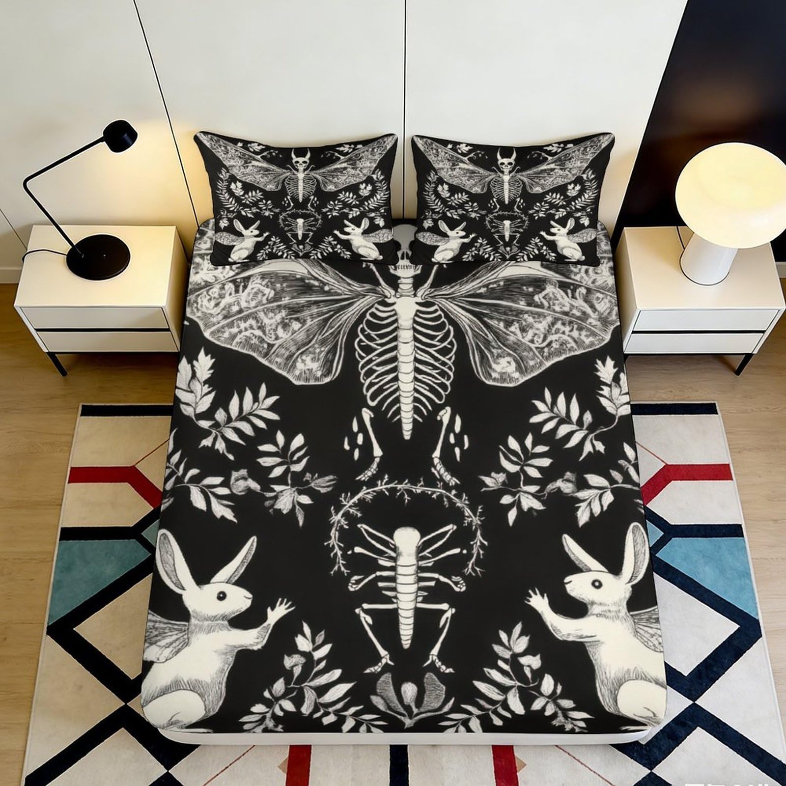 3D Printed Gothic Skeleton Fitted Sheet Microfiber Soft Black Moth Rabbit Mattress Cover for Bedroom Dorm Mattress Decoration 90x200x25cm