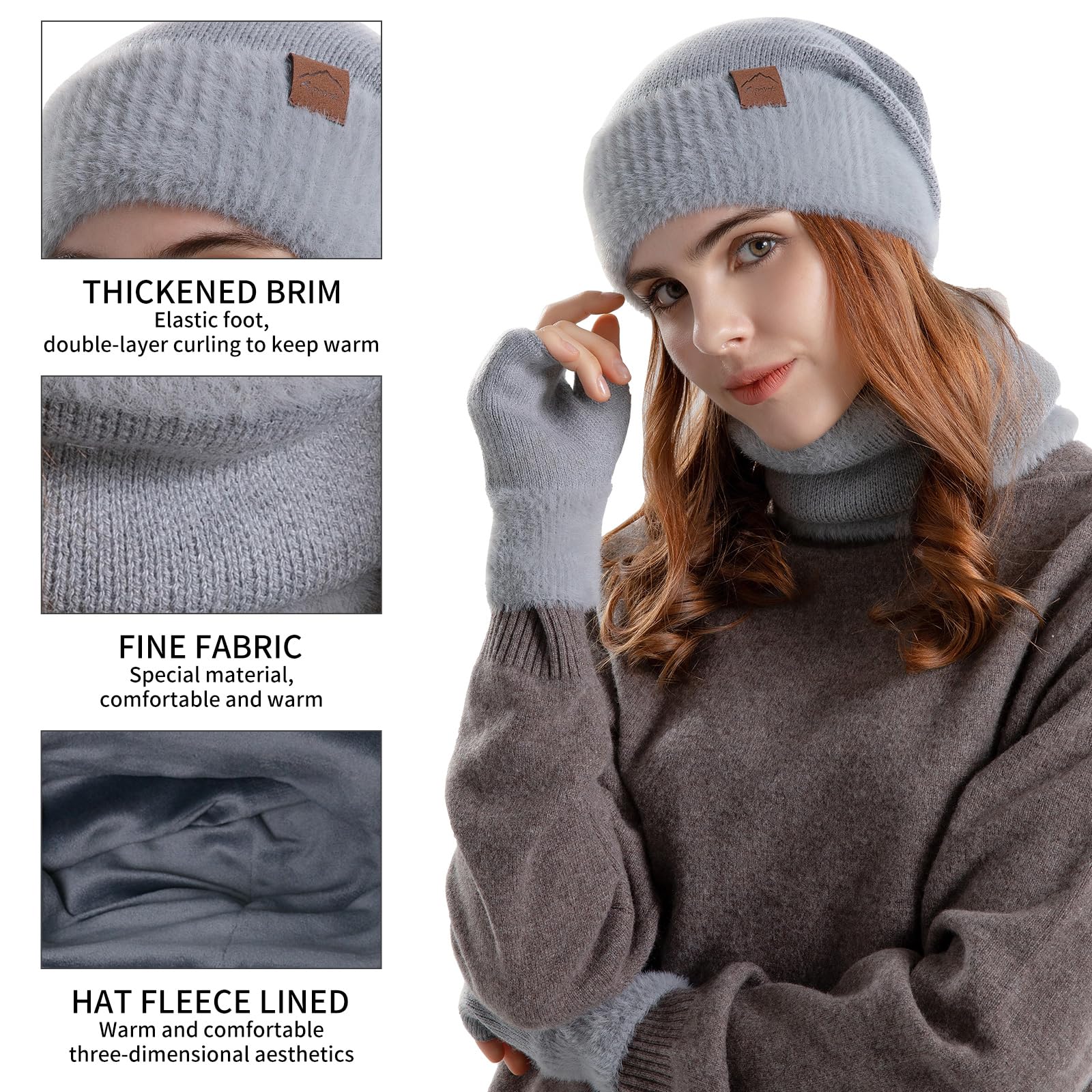Zestaw czapek i szalików dla kobiet z podszewką polarową, czapka, szalik i rękawiczki, zestaw damski, 3 w 1, termiczna dzianinowa czapka beanie, ocieplacz na szyję, rękawiczki bez palców, dla