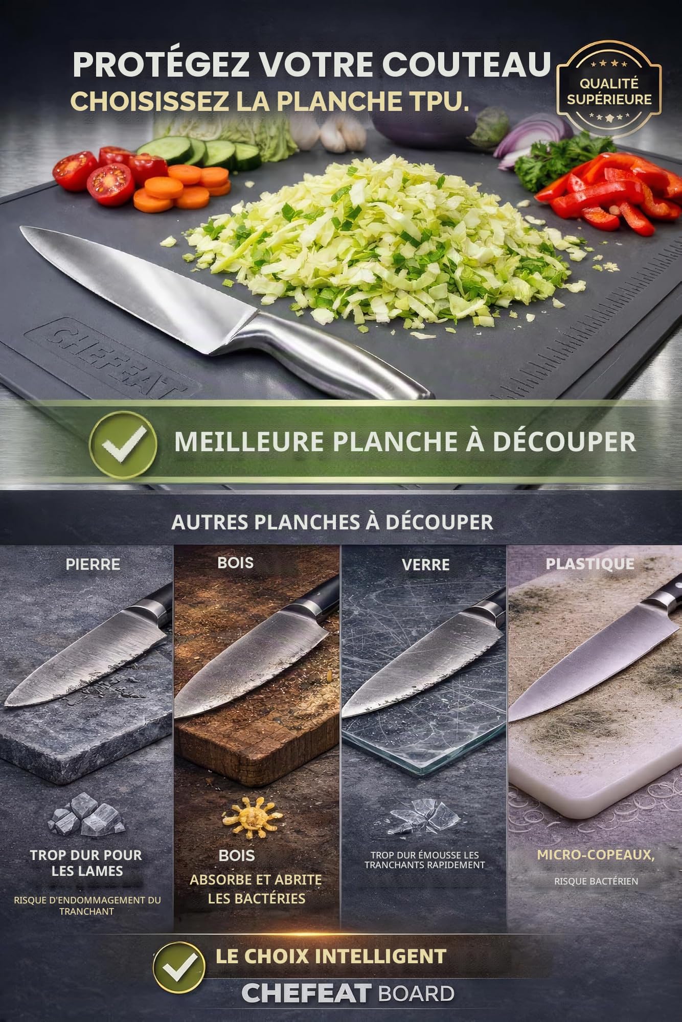 Planche à découper extra large en TPU - 43,9 x 32 cm - Flexible - Passe au couteau - Résistant aux rayures - Passe au lave-vaisselle - Sans BPA - Planche à découper double face avec rainure à jus pour