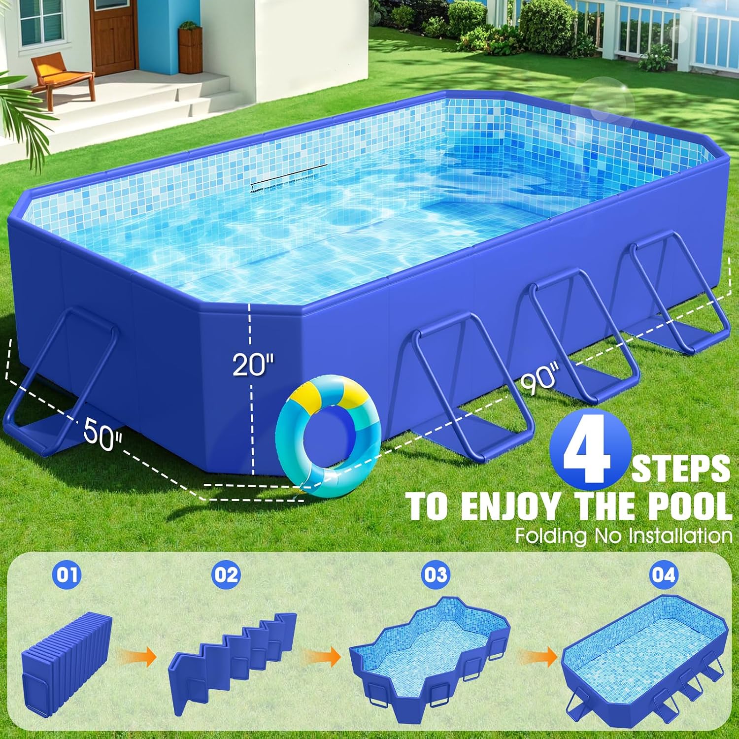 StarOcean 2026 Large Foldable Pool,Non-Inflatable Swimming Pool for Kid,Adult Collapsible Pool Hard Plastic,Overthickened Extra Large Foldable Pool,Portable Folding Kid Pool for Backyard,90"x50"x20"