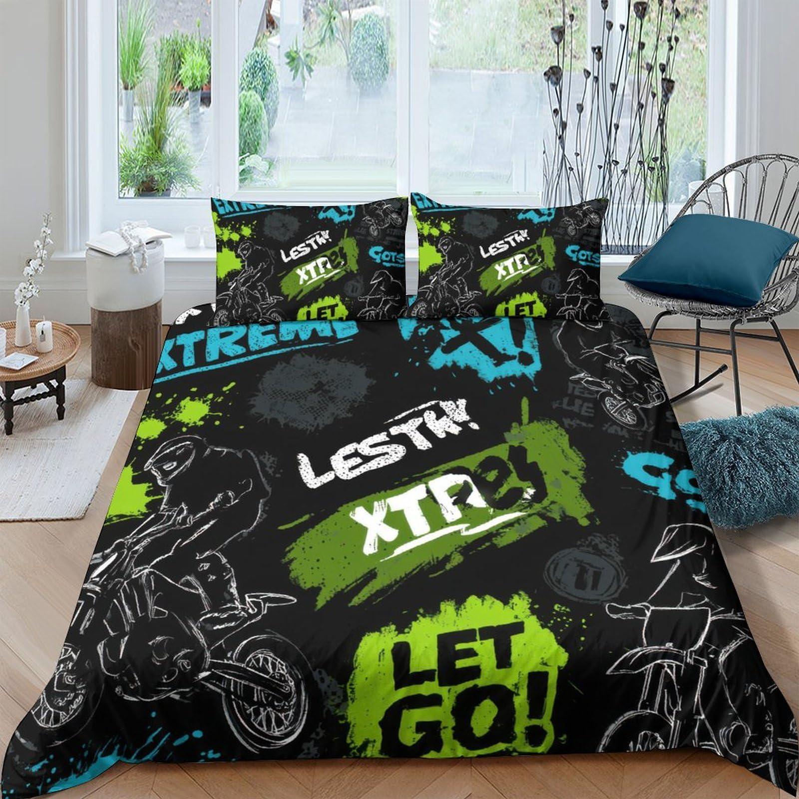 Ctjqhvkz Style-7 3D Printed Graffiti Street Art Fitted Sheet Microfiber Soft Breathable Extreme Motocross Bed Cover For Bedroom Dorm Mattress Protection Decor Single（135X200cm）