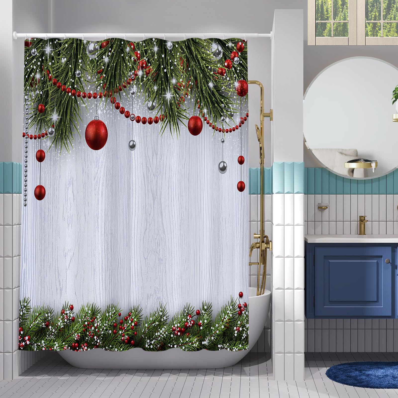 Abaysto Winter Christmas Rustic Wood Shower Curtains for Merry Xmas Bath Bathroom Snowflakes Snowy Pine Trees Home Decors Fabric Waterproof Shower Curtain Set including 12 Hooks 180X180 CM - Image 2