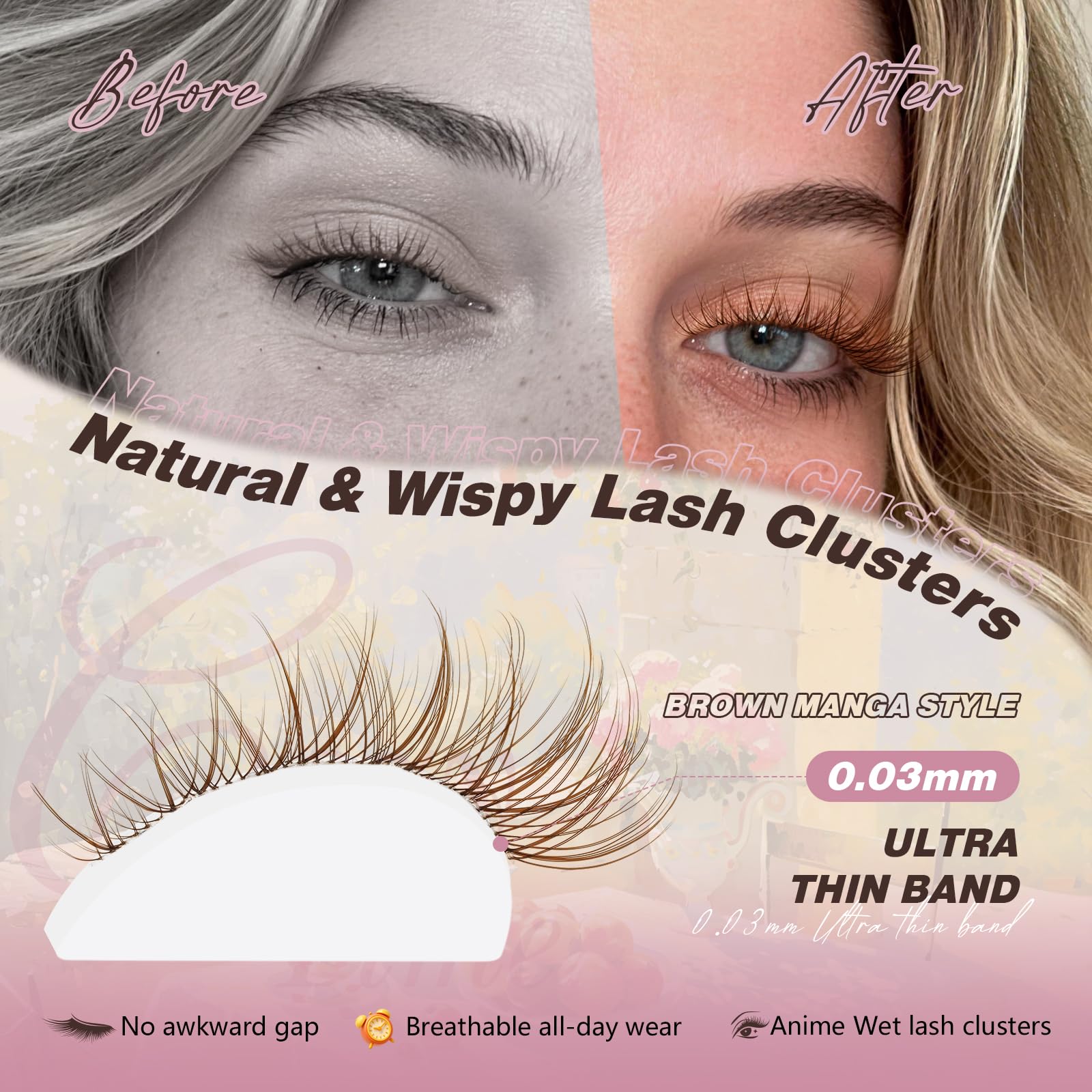 JMS&JMS Braune Wimpernbügel, natürliche Wimpernbügel, braune Wimpernbügel, transparentes Band, C-Curl, DIY-Cluster-Wimpern, 8–16 mm