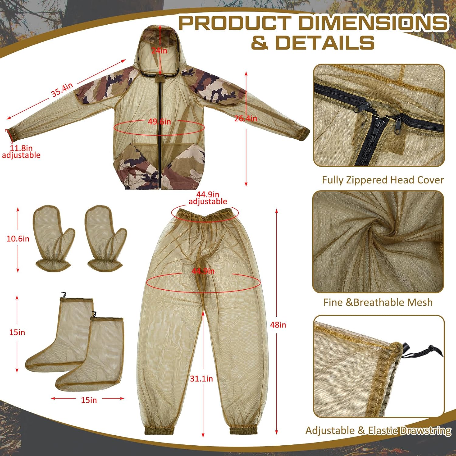2 Sets Mosquito Net Suit Tick Net Pants Jacket Mittens and Socks Insect Proof Body Clothing Outdoor Hunting Camping Climbing