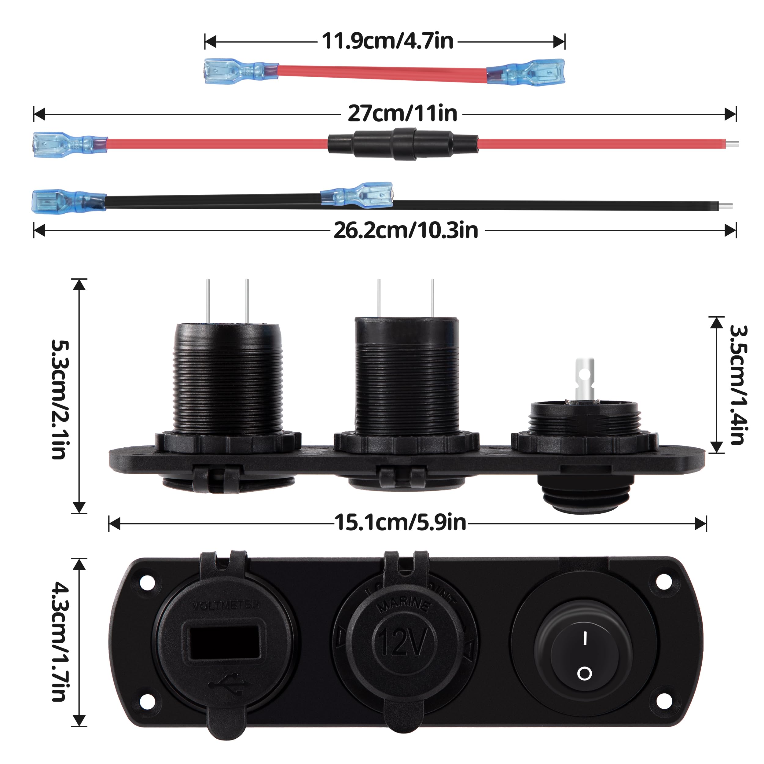 Presa Accendisigari Pannello 12V Caricabatteria da Auto QC3.0 USB Dual Porte con Voltmetro LED e Interruttore per Veicoli Auto Barca Camion Caravan