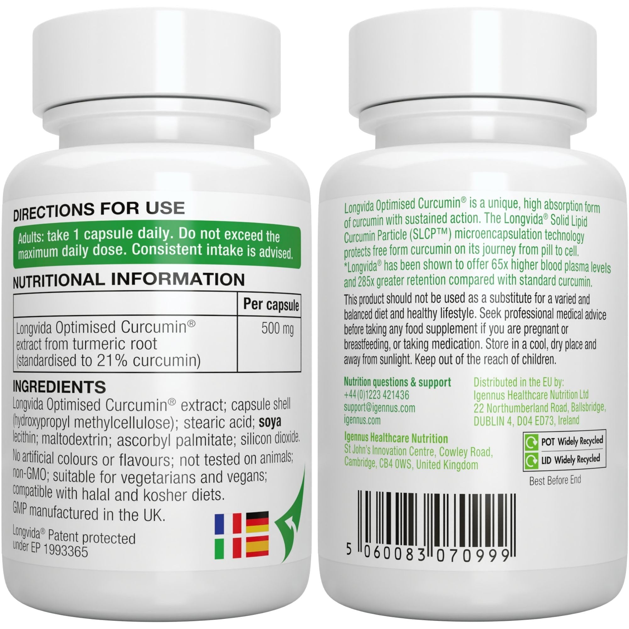 Longvida Curcumin 500 mg, hochdosiert, 285x höhere Bioverfügbarkeit als standard Kurkumin, sichere Langzeitanwendung, vegan, 30 Kapseln