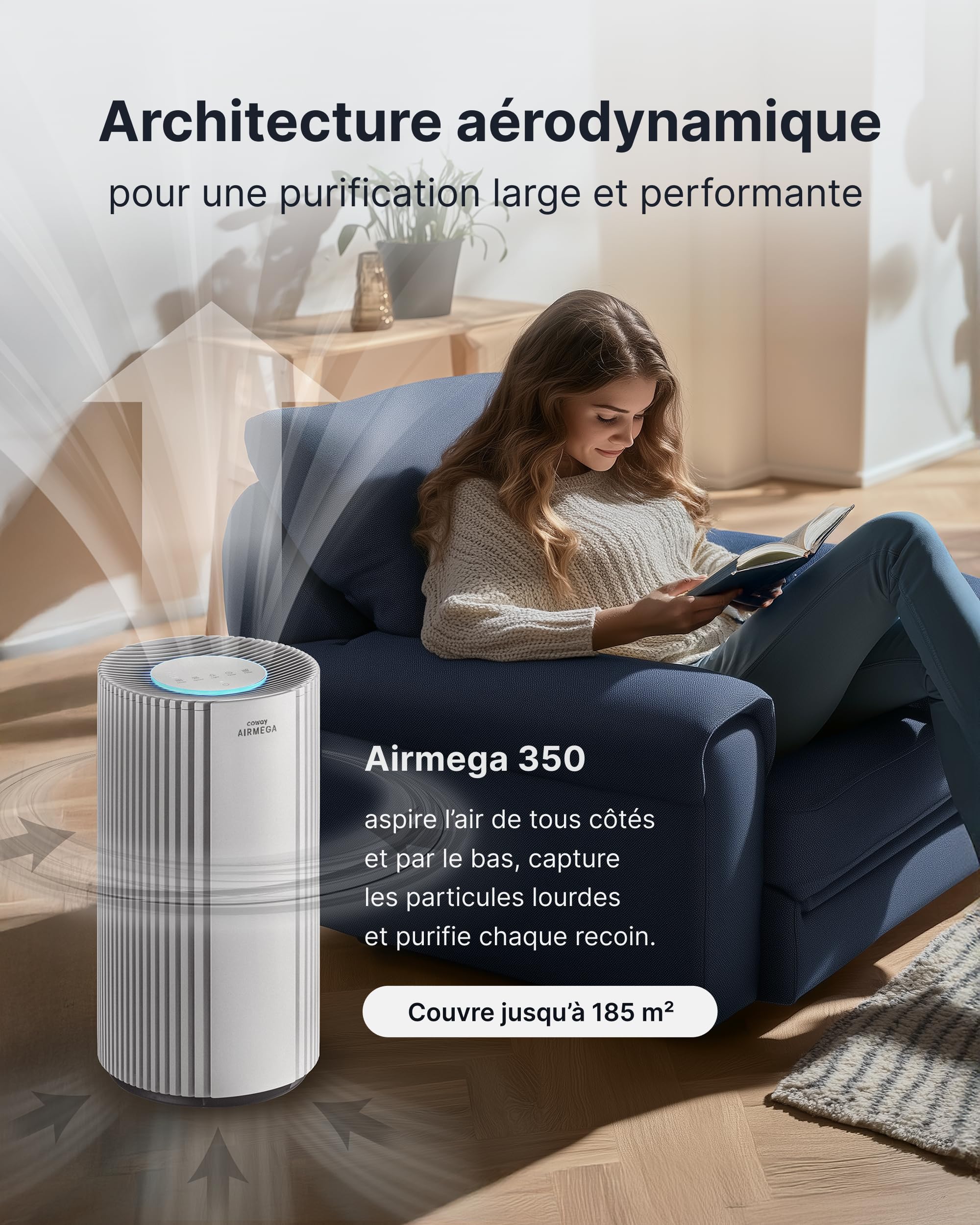 COWAY Purificateur d’air grande pièce, CADR 713 m³/h, purifie 148 m² en 30 min, filtre HEPA contre fumée, allergènes, poils d’animaux, odeurs, capteur PM10, mode éco, AIRMEGA 350 blanc