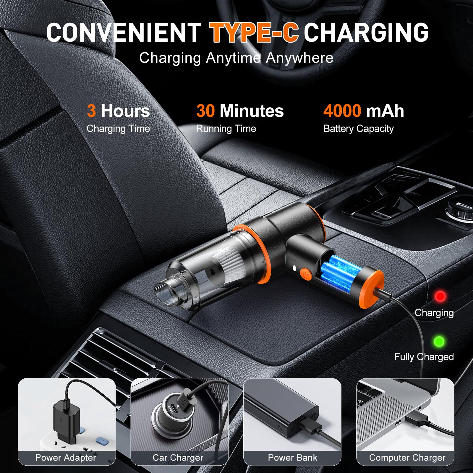 KMM Handheld Car Vacuum Cleaner, 11000PA Hand Held Vacuum & Air Duster view 4
