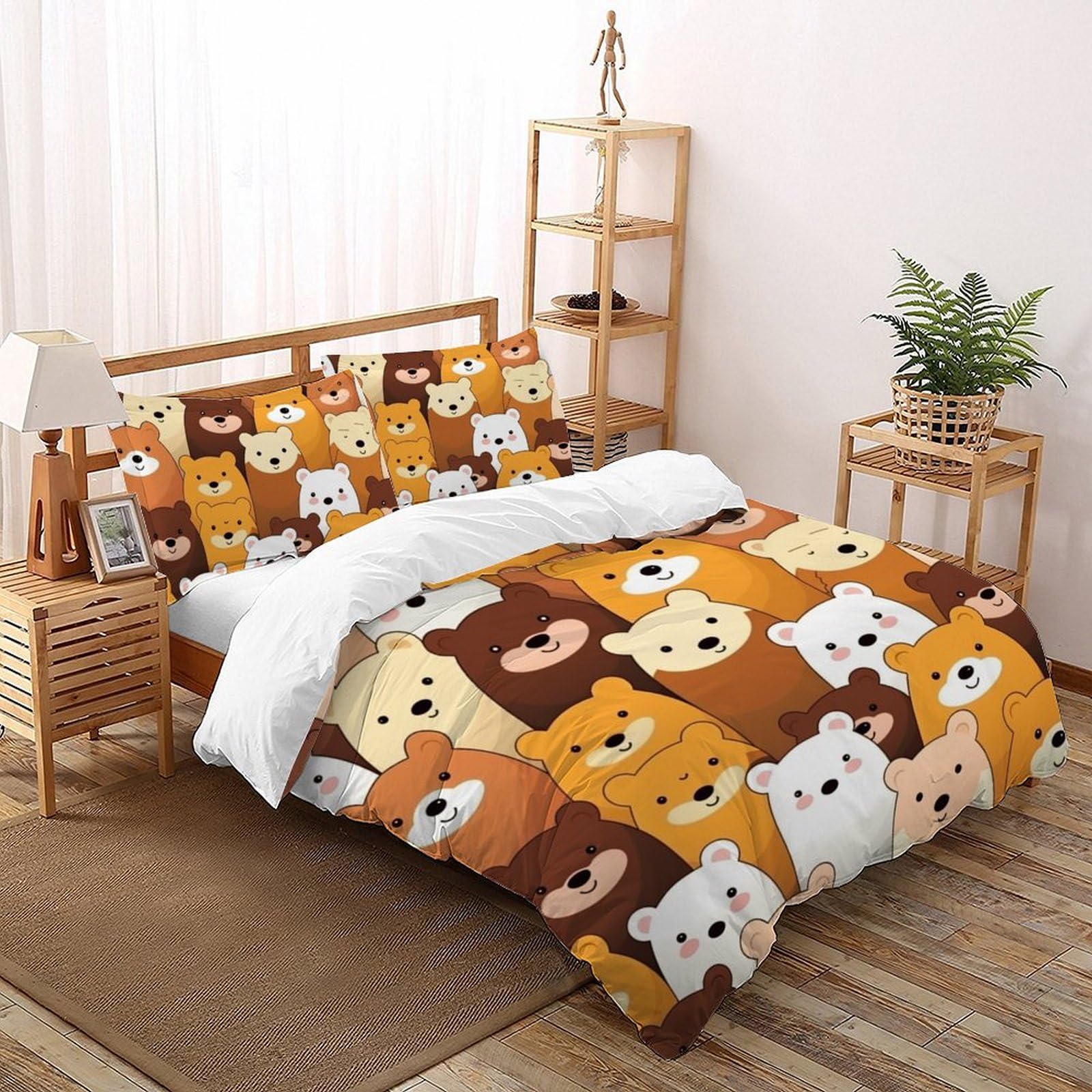 Housse de couette microfoudre 200x200cm avec 2 taies d'oreiller linge de lit ours mignon