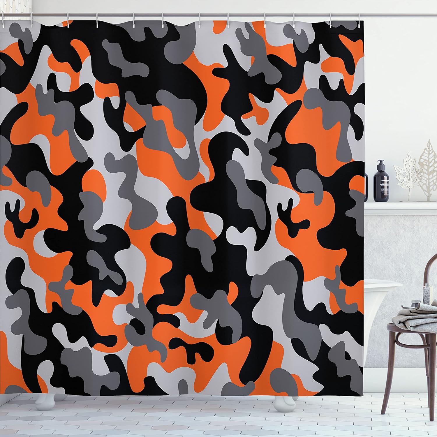 Ambesonne Camo Shower Curtain, Vibrant Artistic Camouflage Lattice Like Service Theme Modern Design Print, Fabric Bathroom Decor Set with Hooks, 105 inches Extra Wide, Orange Grey Black