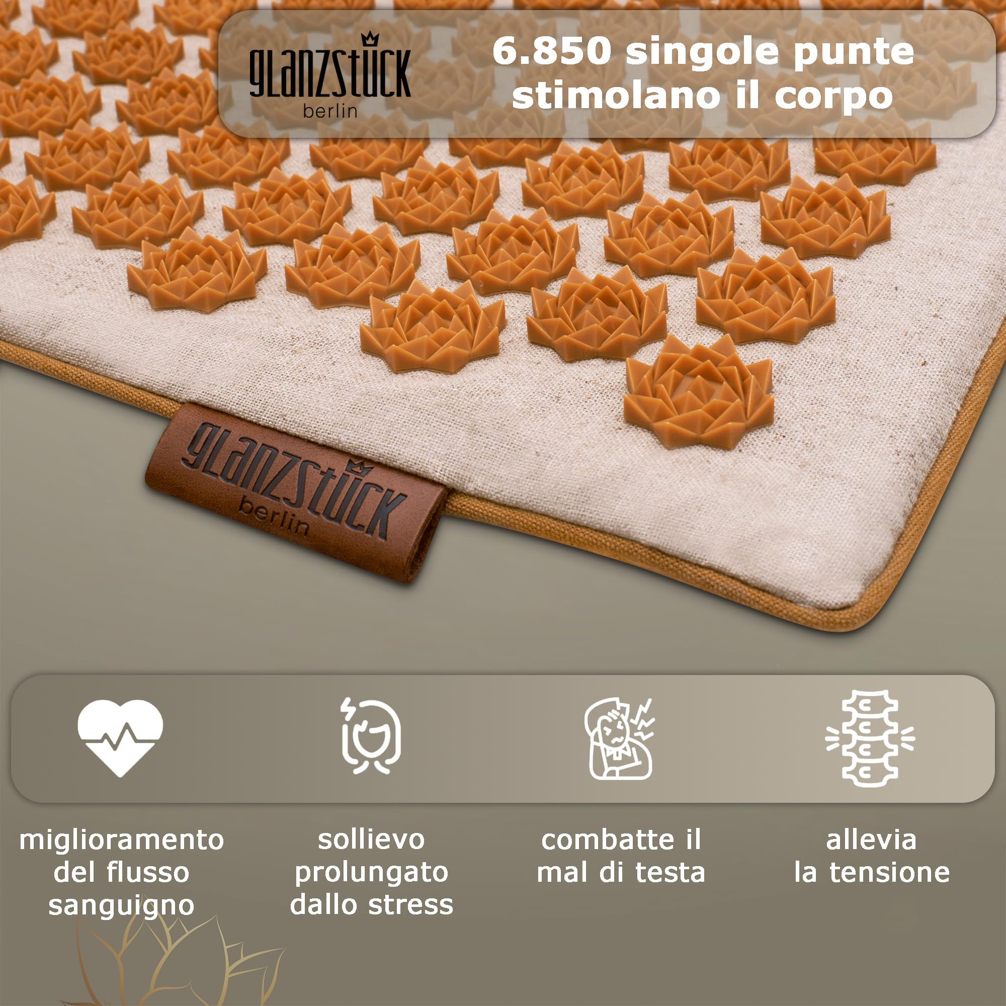 Glanzstück Berlin® Health Collection: Set di tappetini per agopressione XL originale in lino, aiuto in caso di tensioni, mal di schiena, tappetino massaggiante con cuscino (funzione termica) e