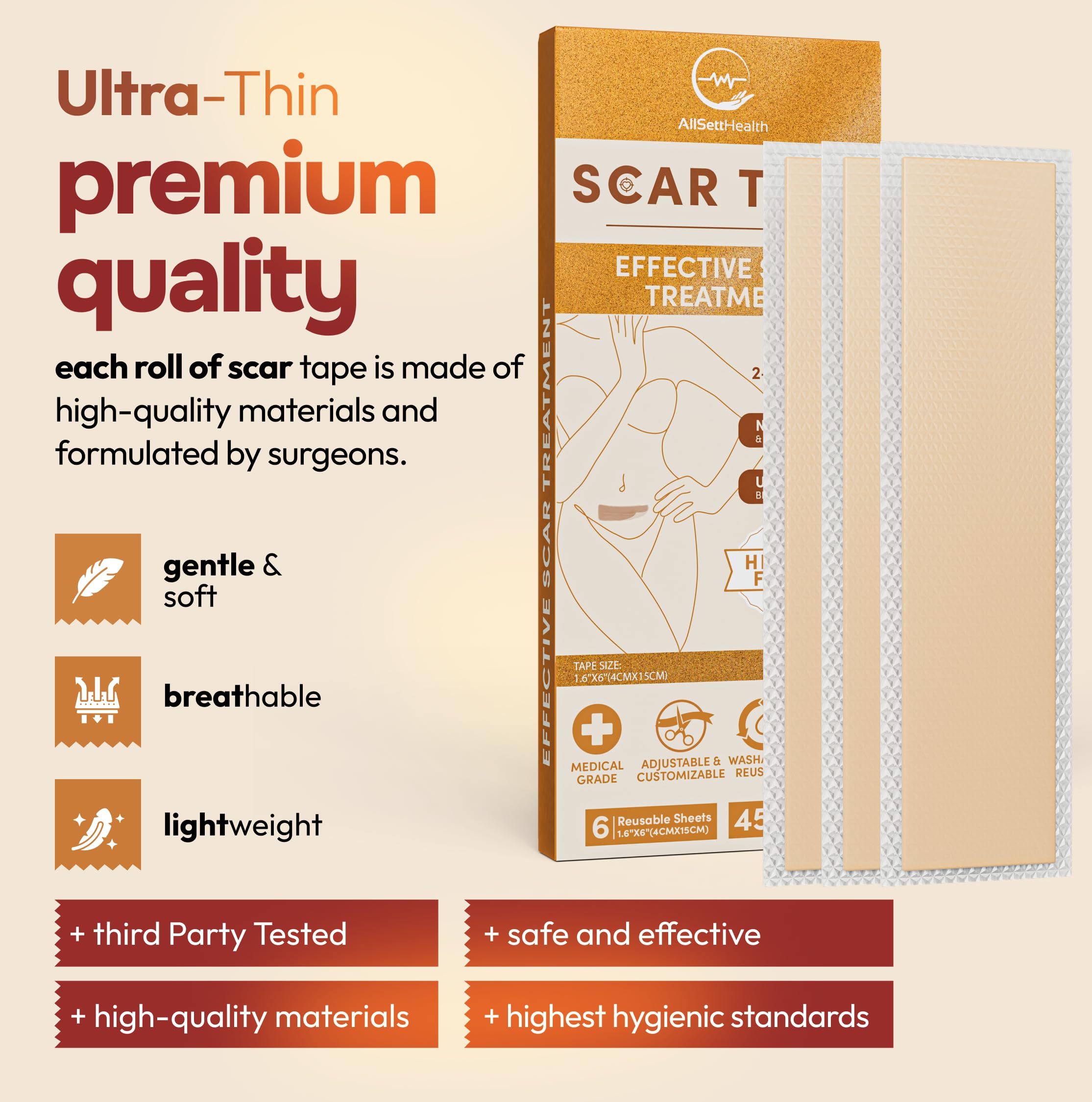 AllSett Health Silicone Sheets for Scars, Post Surgery, Tummy Tuck, C-Section Recovery, Keloid Bump Removal, Stretch Marks Removal, Face Acne (6 Inch x 1.6 Inch) - Pack of 2