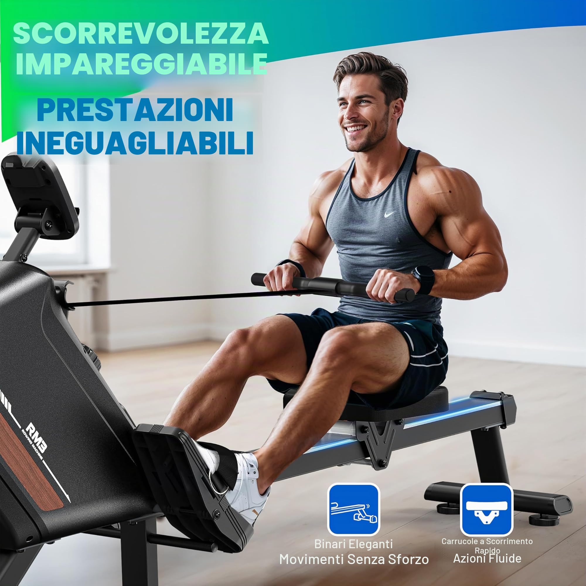 Vogatore per la casa con resistenza magnetica, vogatore con computer di bordo Bluetooth, supporto per tablet regolabile, capacità di carico 170 kg