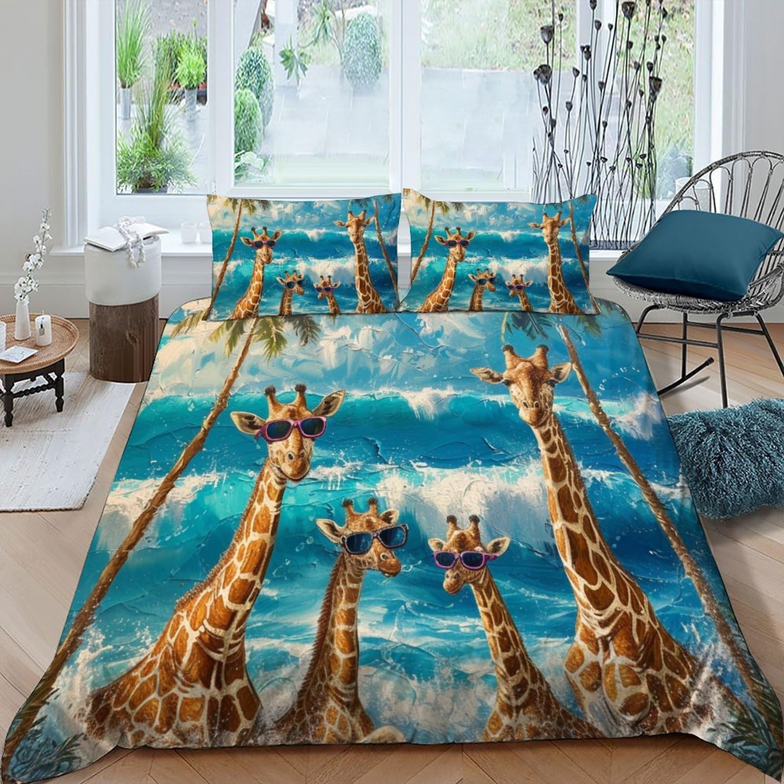 Spiaggia Giraffede Ropa De Cama 3D Niños 3 Piezas Microfibra 2 Funda De Almohada CremalleraSuper King（260x220cm）