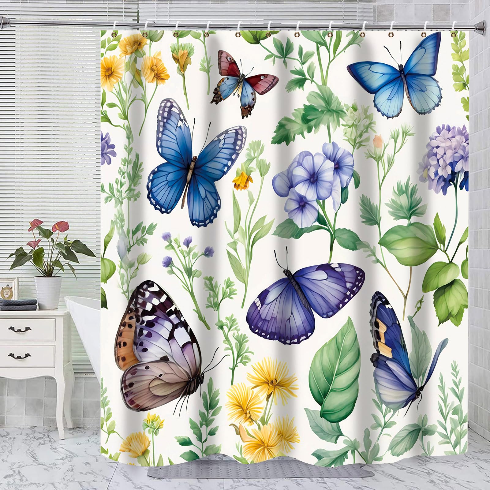 XINGUANG Boho Style Floral Plant Butterfly Shower Curtains, Waterproof Unique Flower Girls Chic Print Design for Bathroom Decor (72 x72 Inch)