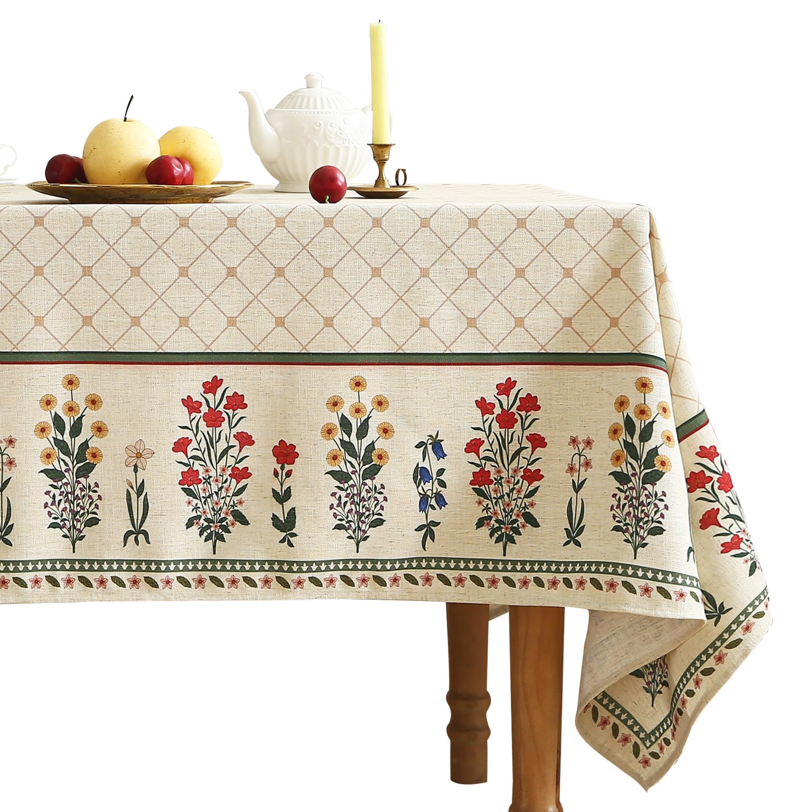 ISAENNE Bohemian Floral Tablecloth - 55x87 Inch Rectangular Linen Blend, Wrinkle Resistant For Dining & Holidays - View #3