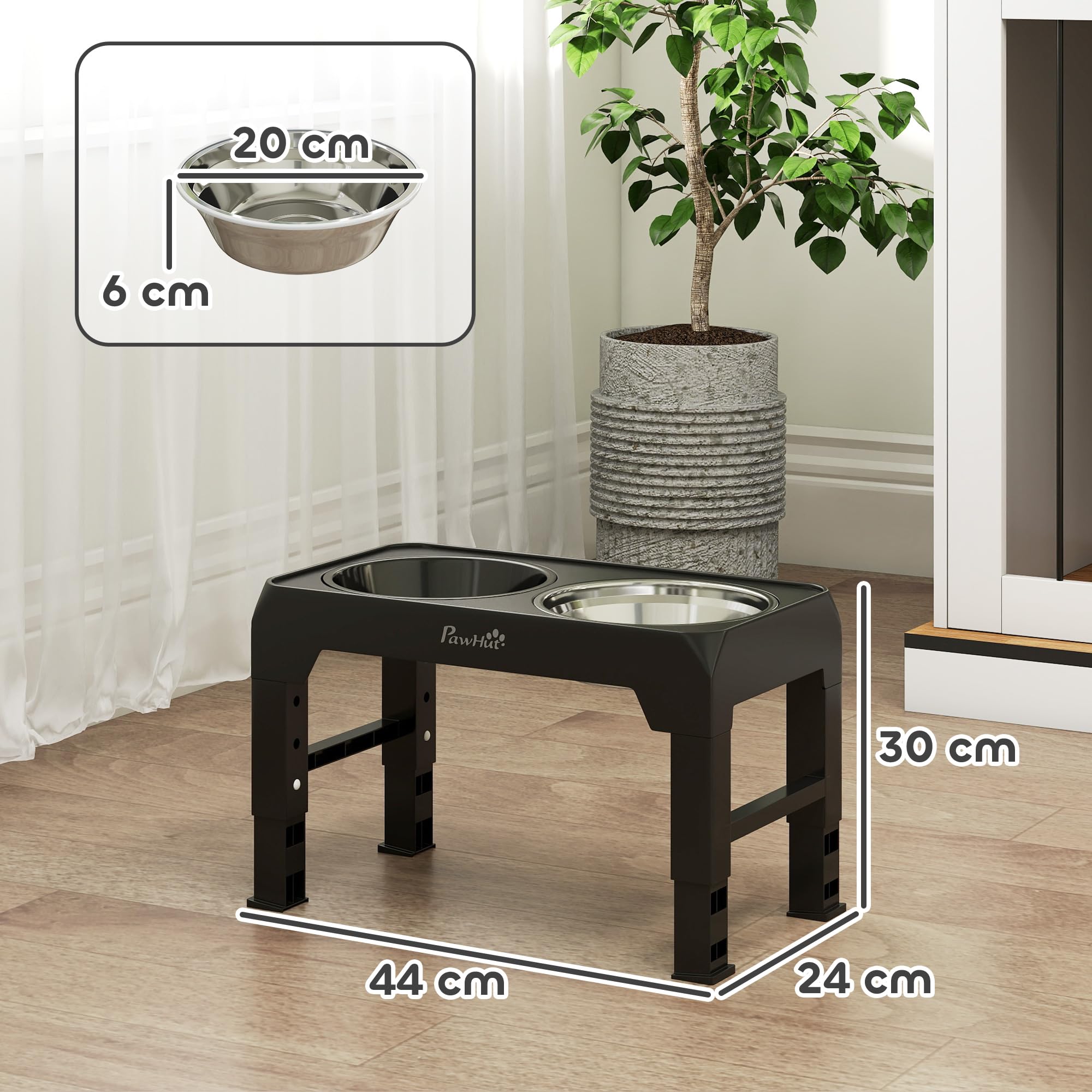 PawHut Gamelle surélevée pliable pour gros chiens Noir | Distributeur en acier inoxydable, 4 hauteurs réglables, station d'alimentation pour animaux, gamelles surélevées pour chien