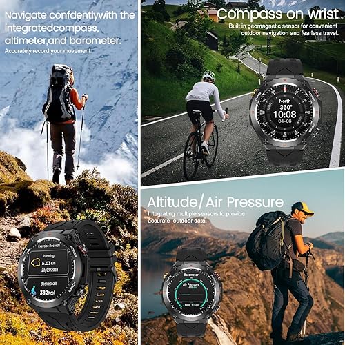 Vista 8 de Reloj inteligente militar con rastreador GPS, presión/altitud/brújula, reloj inteligente resistente con batería de 90 días, 1 ATM impermeable