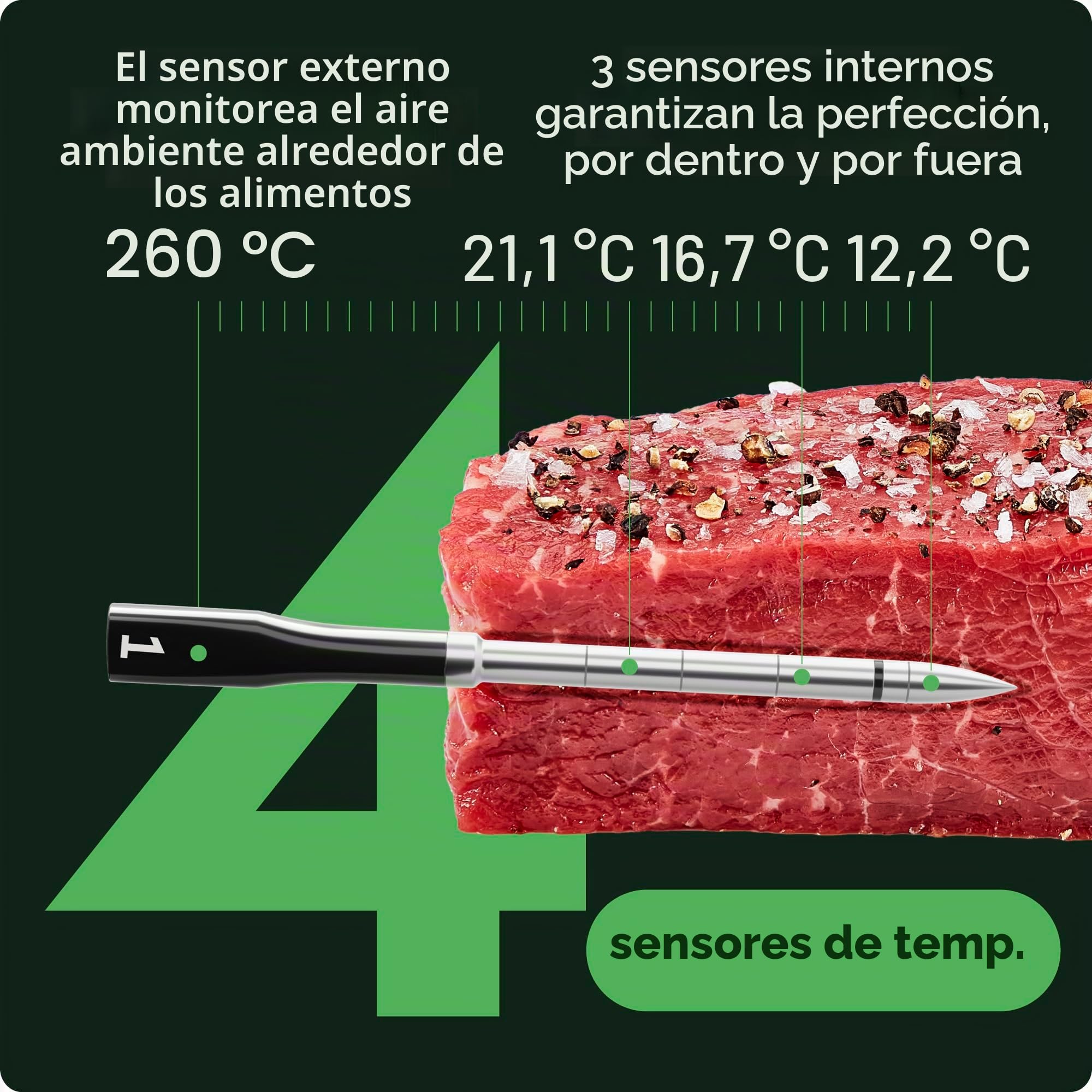 CHEF iQ Sense Smart - Termómetro inalámbrico para carne con 3 sondas ultrafinas, rango ilimitado Bluetooth, termómetro digital de alimentos para monitoreo remoto de parrilla de barbacoa, horno