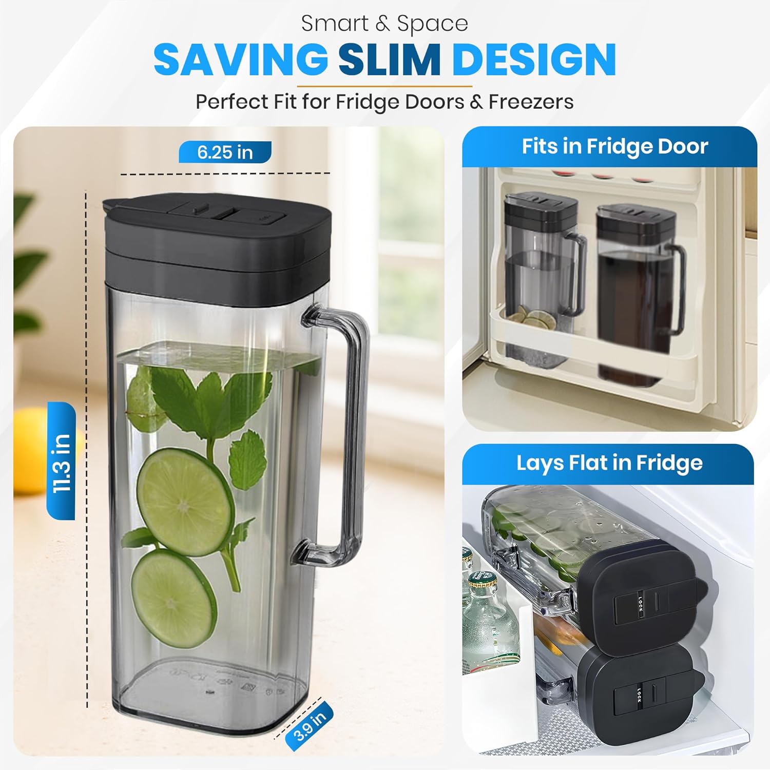 [2-PACK] SlimFit 2 Quart (2 Liter) pitcher with lid - Water jug for fridge door - Leakproof 64oz plastic pitcher with lid - Drink Container for Juice, Iced Tea, Coffee, BPA-Free Plastic, Black