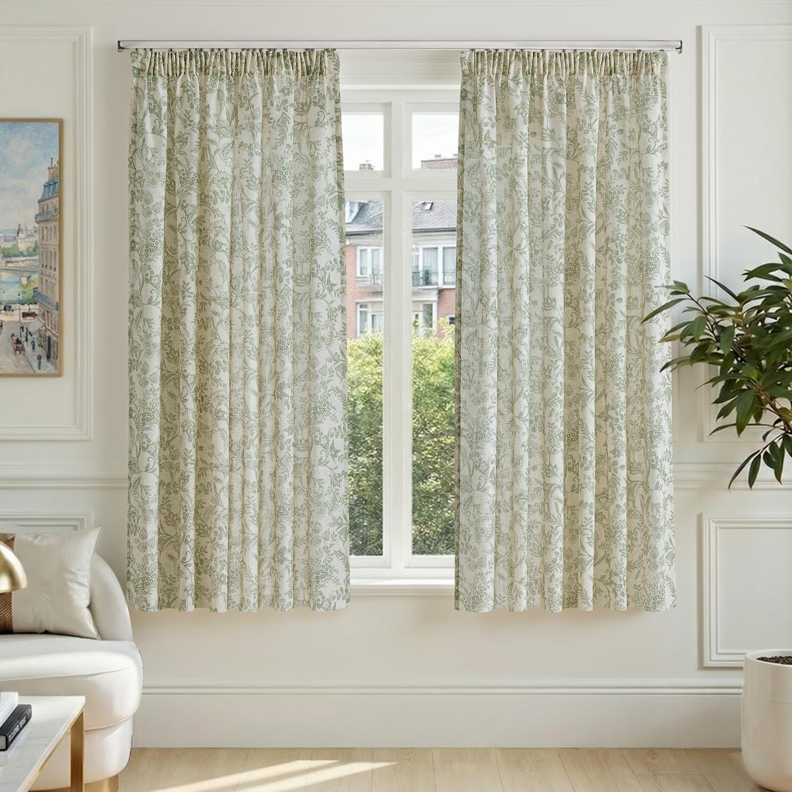 TOPICK Green Botanic Floral Linen Look Sheer Curtains, W55xL72 Inch, 2 PCS