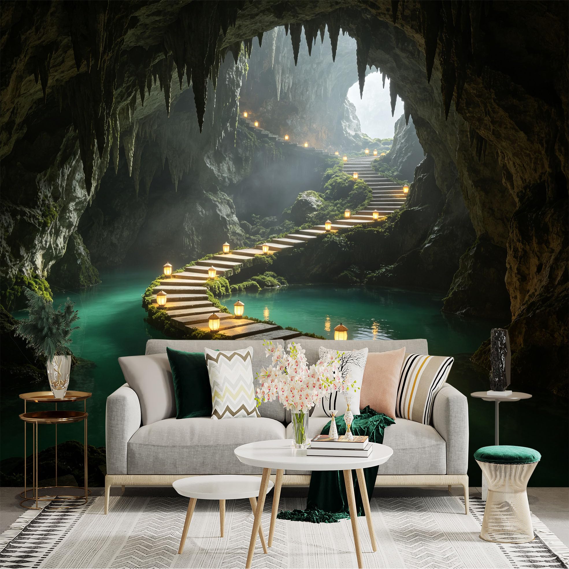 Custom Size Wall Sticker Mural， Mystical Cave with Glowing Stone Pathway， Tranquil Underground Lake and Lanterns， for wall Decoration， peelandstick wall Decals.
