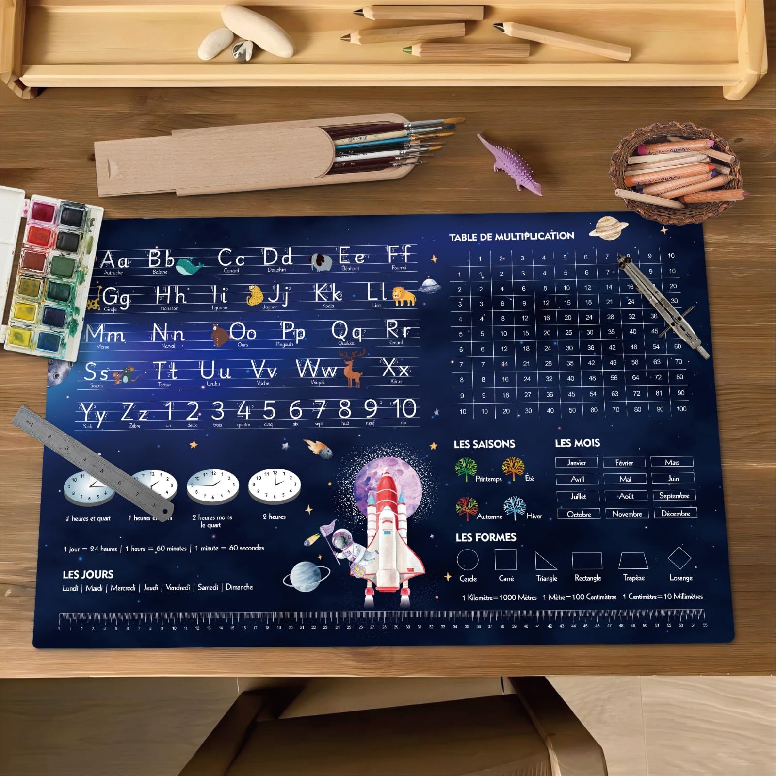 Éducatif Sous-main pour Enfant 40x60cm - Français - Thème Espace Univers - ABC avec Animaux - 1X1 - Formes - Heures - Tapis de Bureau Imperméable - Cuir PU Double Face effaçable facile à Nettoyer