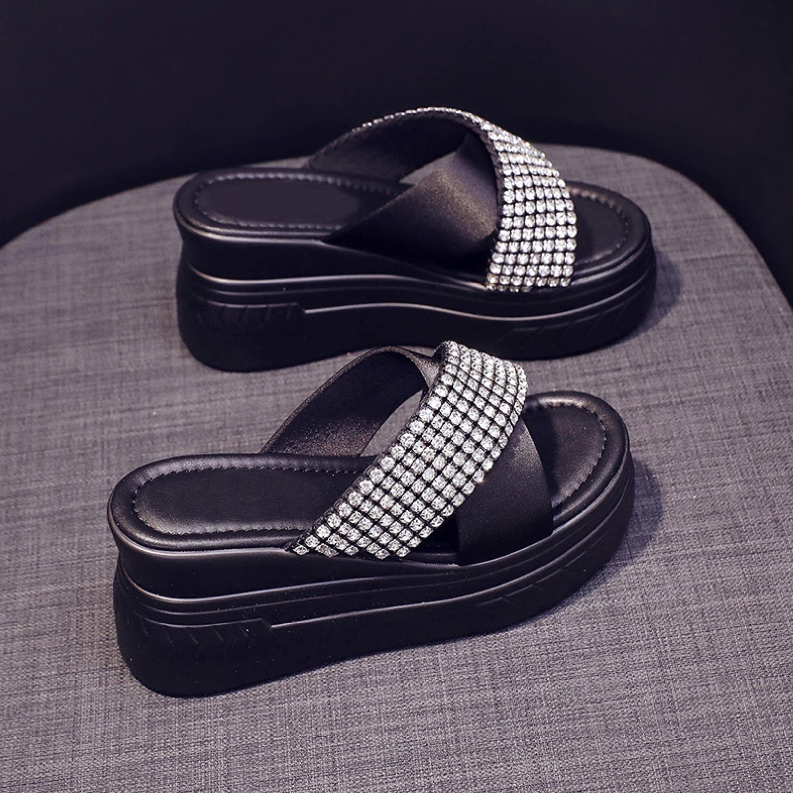 Sandalias y sandalias de verano con diamantes de imitación de plataforma blanca para mujer, sandalias de cuña informales, zapatillas de mujer