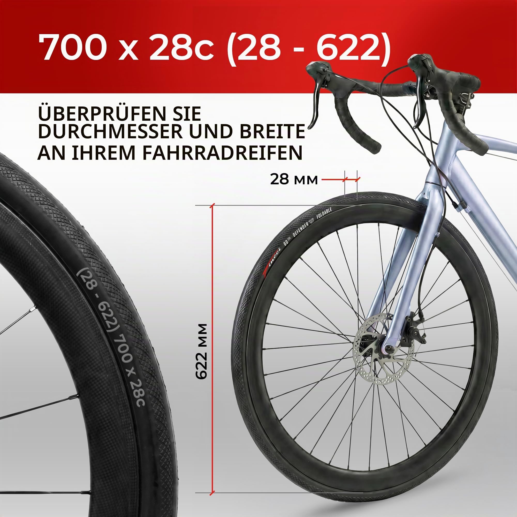 Fincci Rennradreifen 700x28c 2er Set Slick Faltreifen 28 Zoll Presta Pack
