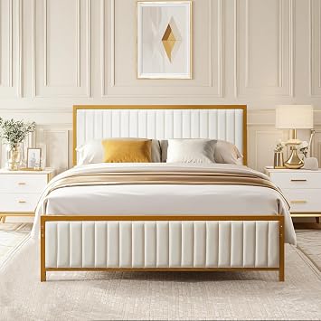 VECELO Double Bed Frame with Upholstered Linen Headboard and Footboard, Heavy-Duty Platform Bed with Strong Metal Slats, No Box Spring Needed, Easy Assembly, Beige