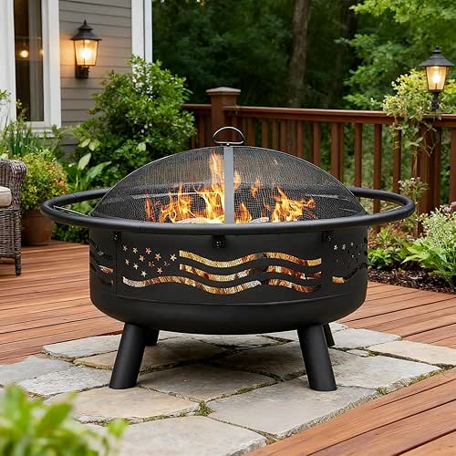 Breezz 32 Inch American Flag Fire Pit with Mesh Cover