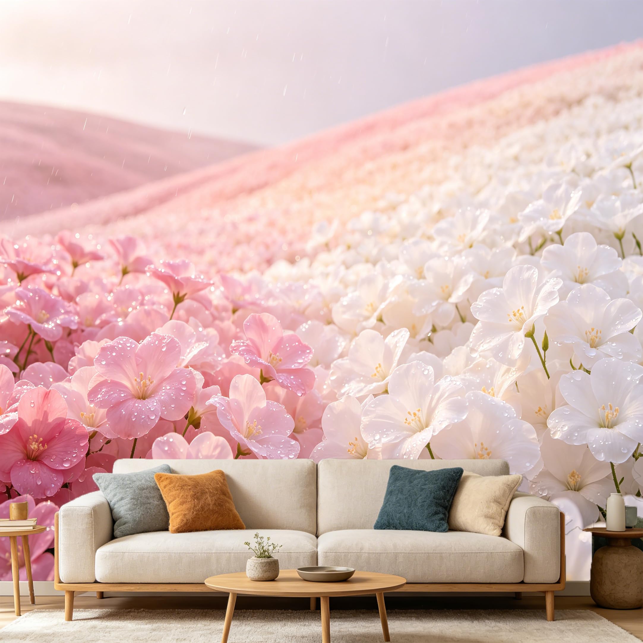 Custom Size Wall Mural Botanical Pink White Sakura Cherry Blossom Floral Landscape Watercolor SelfAdhesive Art Prints wall Fabric（No PVC） Removable Wallpaper Home Bedroom Decor