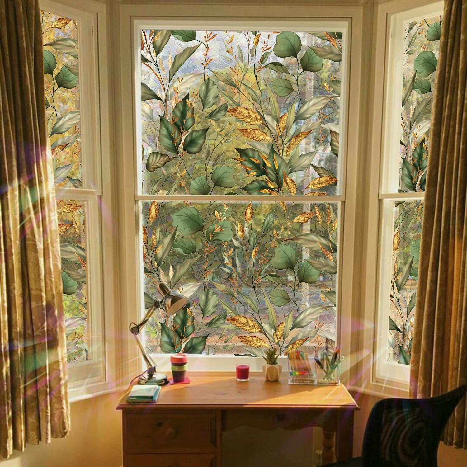 Grand film d'intimité aquarelle arc-en-ciel pour fenêtre, film décoratif double face pour salon, vert doré laser, 75 x 300 cm