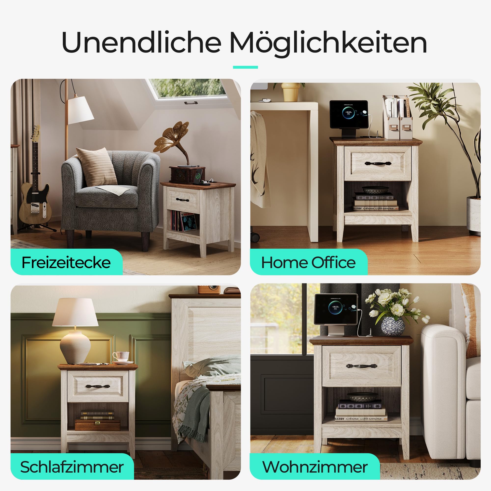LINSY HOME Nachttisch 2er Set, Farmhouse Holz Nachttisch mit Open Storage Regal, Nachttische mit Steckdose, Beistelltisch Endtisch für Schlafzimmer Wohnzimmer Sofa Couch Büro 48 x 40 x 53 cm, Beige