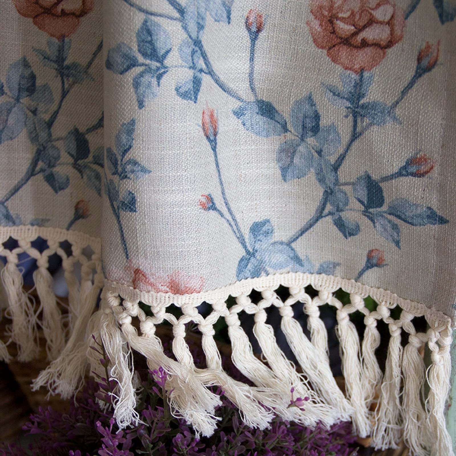 A.Monamour Gardine Scheibengardinen Kurzstores Botanisches Rosen Blumen Muster aus Baumwoll Leinen mit Quasten Kurzgardinen Küchengardine Küchenvorhang Küche Fenster Kurz Vorhang Stores Bistrogardine