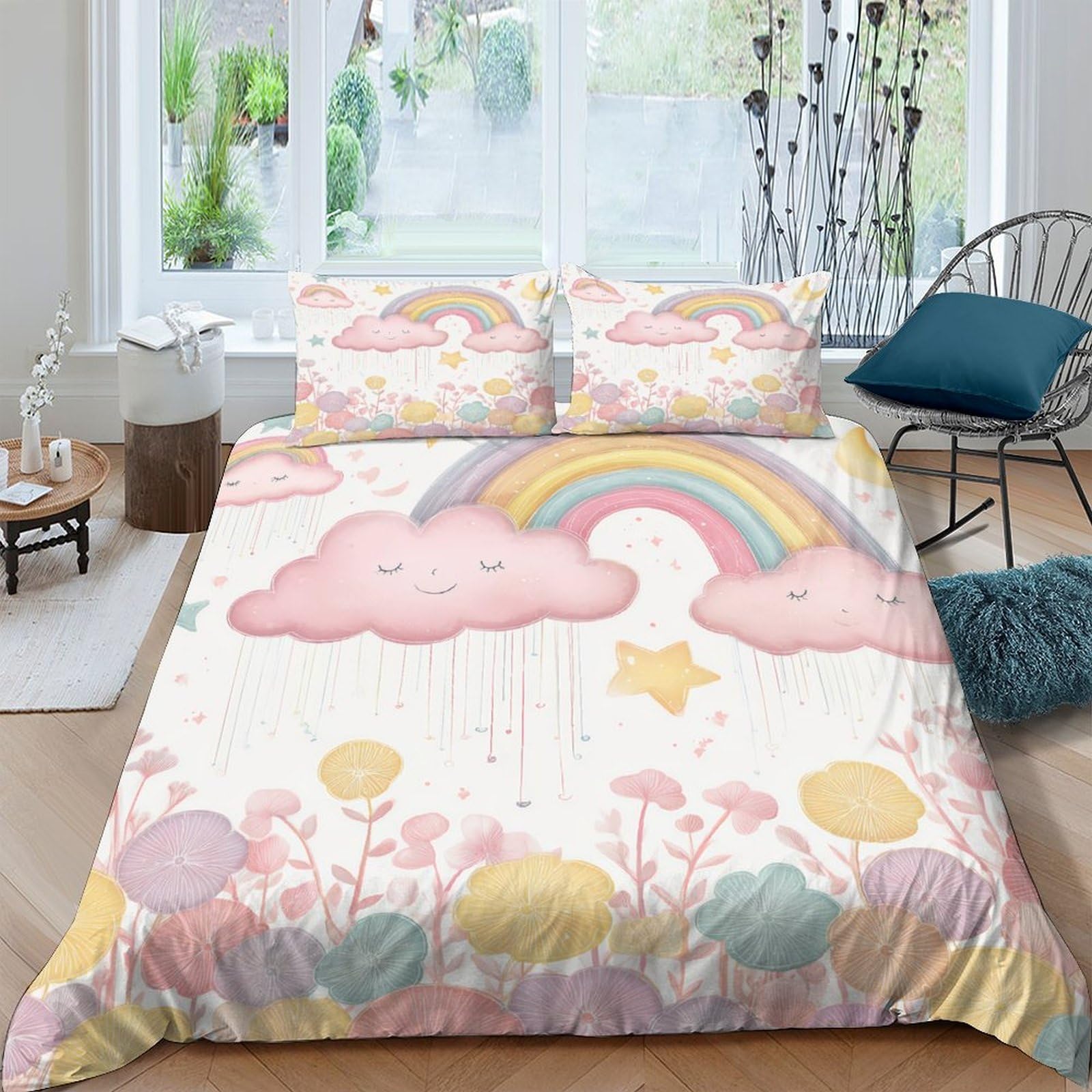 Ctjqhvkz Style-9 3D Printed Pink Rainbow Cloud Fitted Sheet Microfiber Soft Pastel Bed Cover For Bedroom Dorm Decor Protection Single（135X200cm）