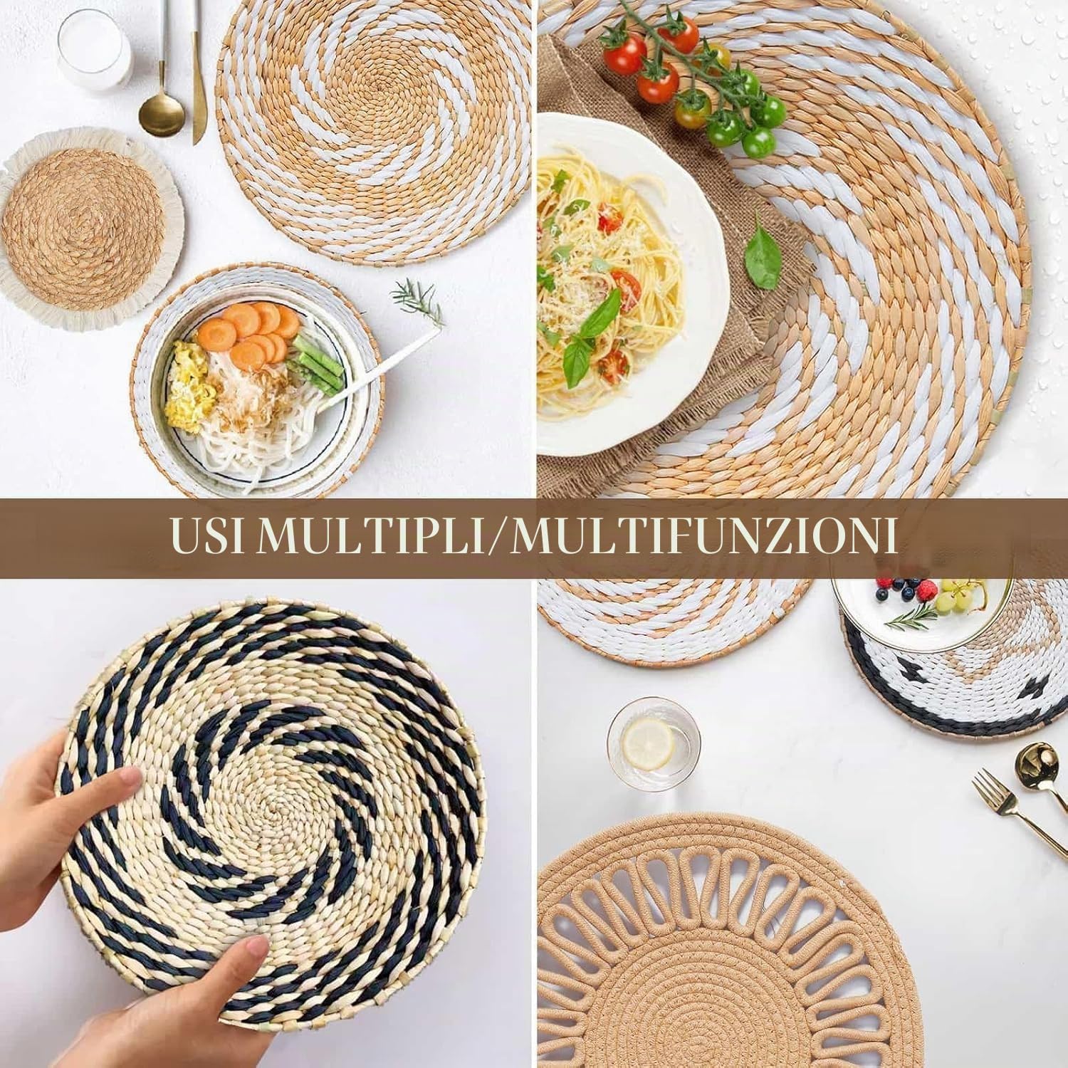 Confezione da 8 decorazioni da parete in stile boho, 35,5 cm, rotonde da appendere a mano, in rattan, per soggiorno, rustico, piatto, elegante, fattoria, camera da letto, tavolo, cucina e casa
