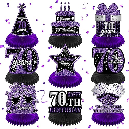 9 piezas de decoración de cumpleaños 70 color morado y negro para mesa de cumpleaños 70, centros de mesa de panal para decoración de mesa de