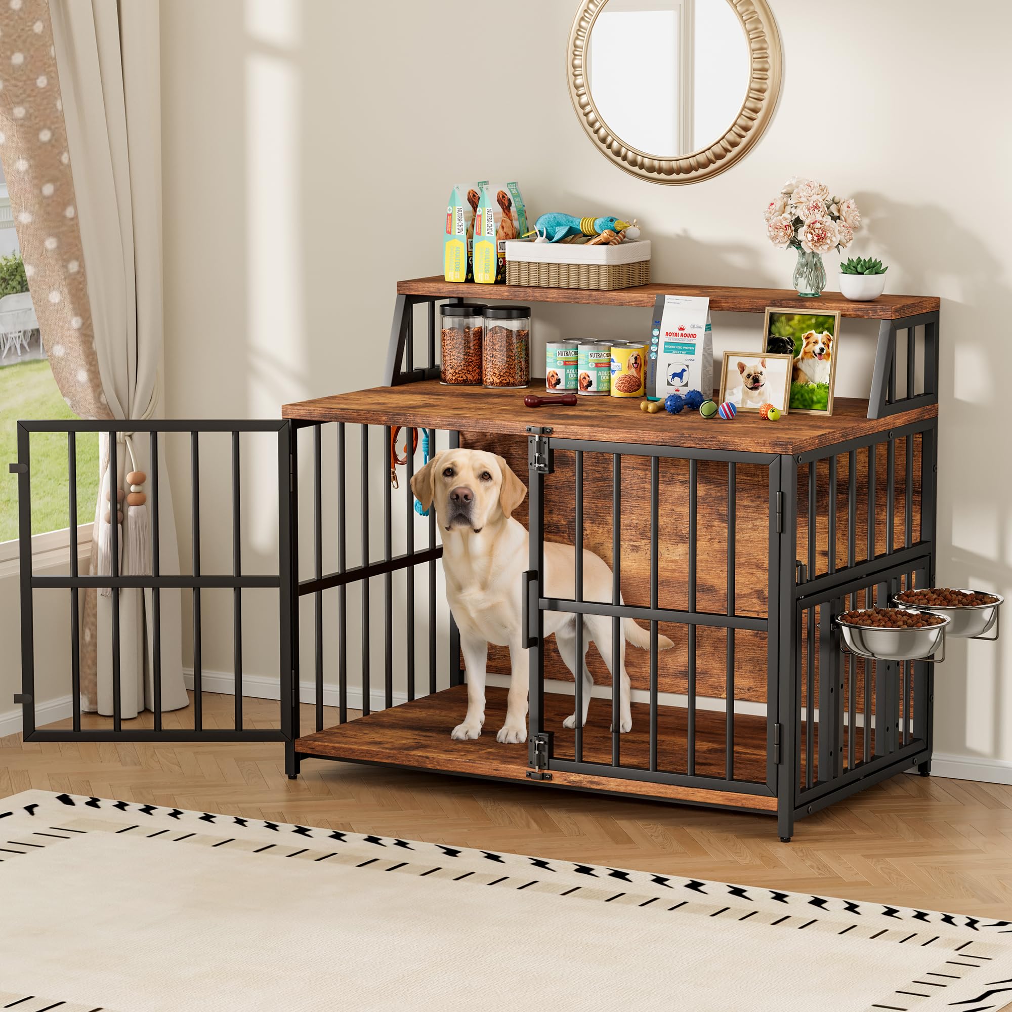 Gabbia per cani per la casa, 100 x 60 x 85 cm, gabbia per cani in legno con ciotole orientabili, cuccia in stile mobili con spazio per cani fino a 35 kg