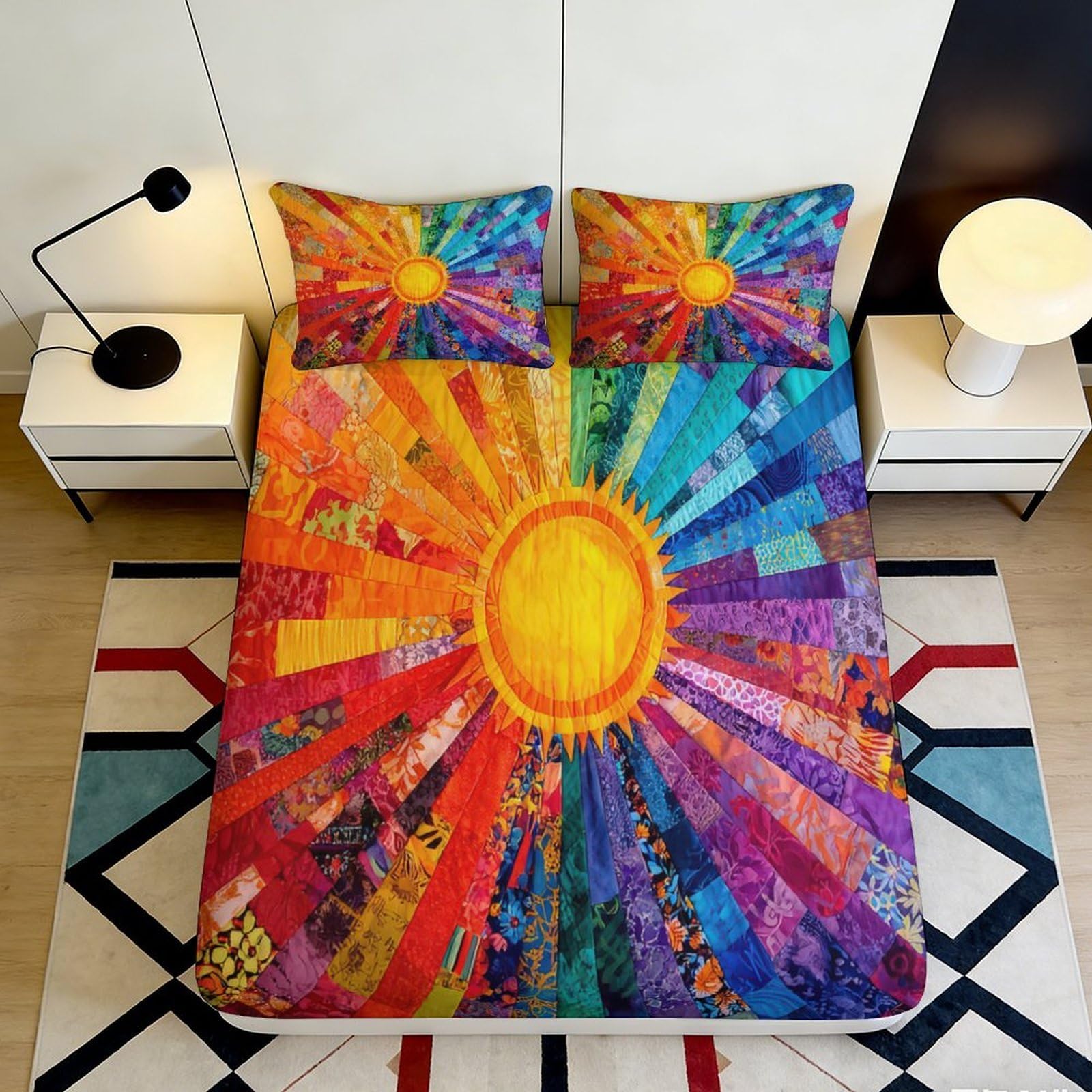3D Printed Rainbow Sunburst Fitted Sheet Microfiber Soft Colorful Sunrise Bed Cover for Bedroom Dorm Decoration 90x200x25cm
