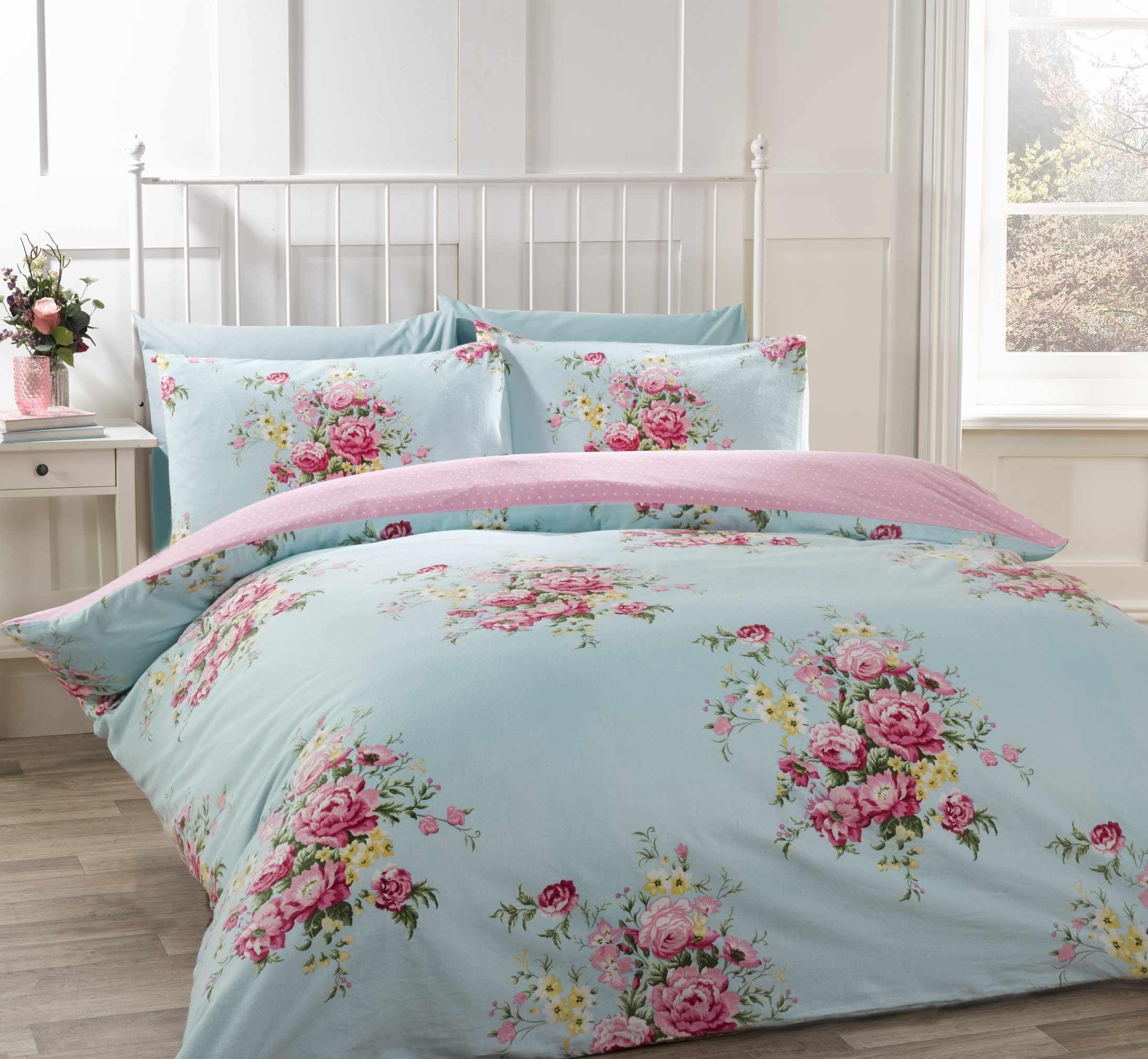 Rapport Home Kate Flannelette Floral Cotton Duvet Cover Set, 100% Brushed Cotton Blue Super King Quilt Cover