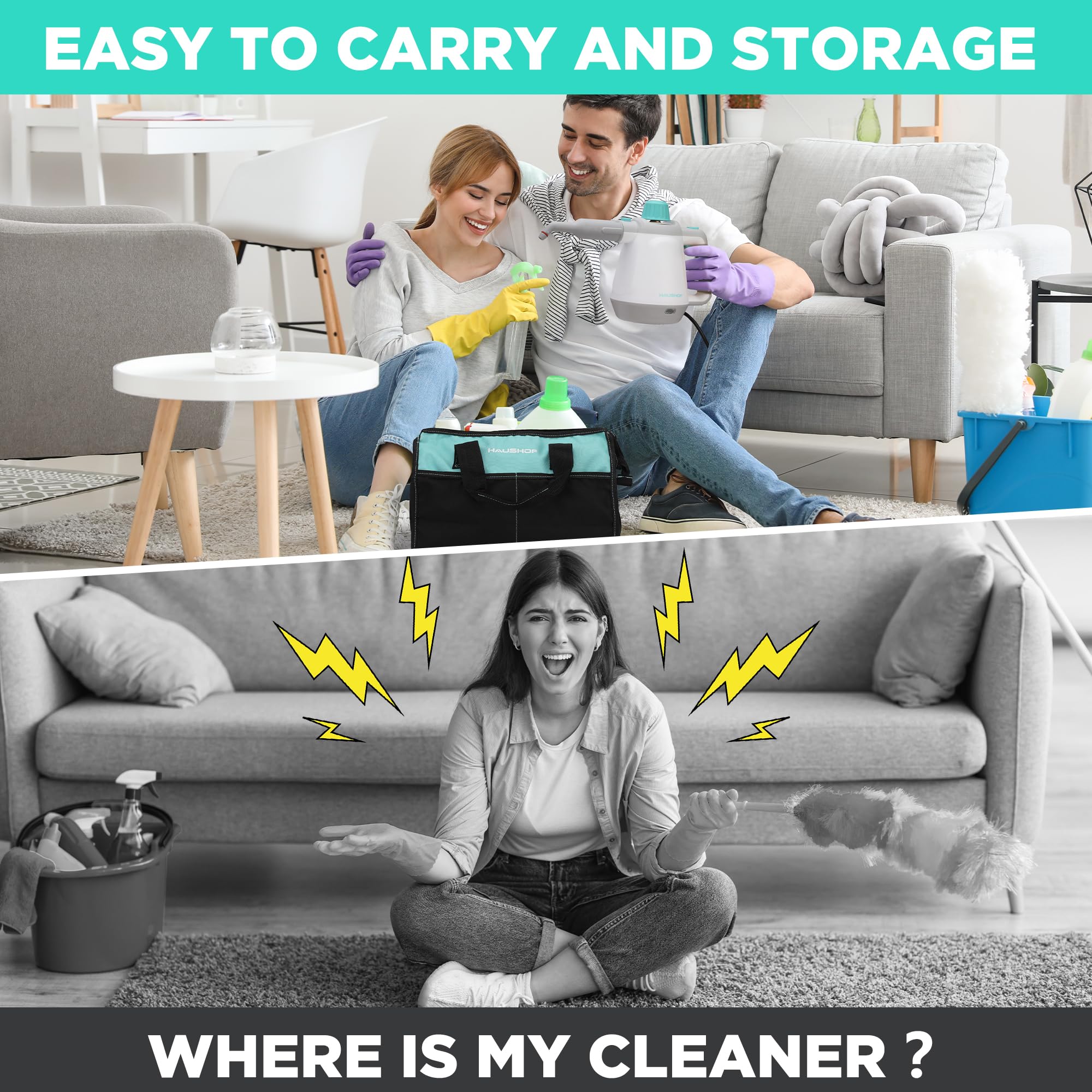 HAUSHOF Handheld Steam Cleaner, Steam Cleaner for Home with Tool Bag & Safety Lock, 11 pcs Accessories, Multi-purpose Natural Steam Cleaner for Cleaning Floor, Car, Upholstery, Grout and Grease