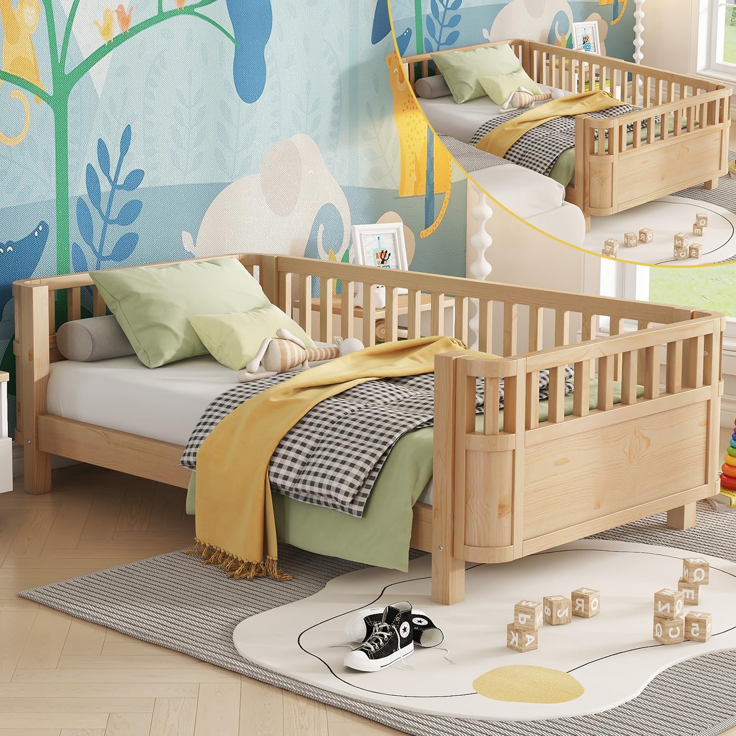 Twin Size Kids Bed Frame, Low Profile Montessori Twin Bed with Rails, Wood Daybed for Girls & Boys, No Spring Box Required, No Squeaks, Natural