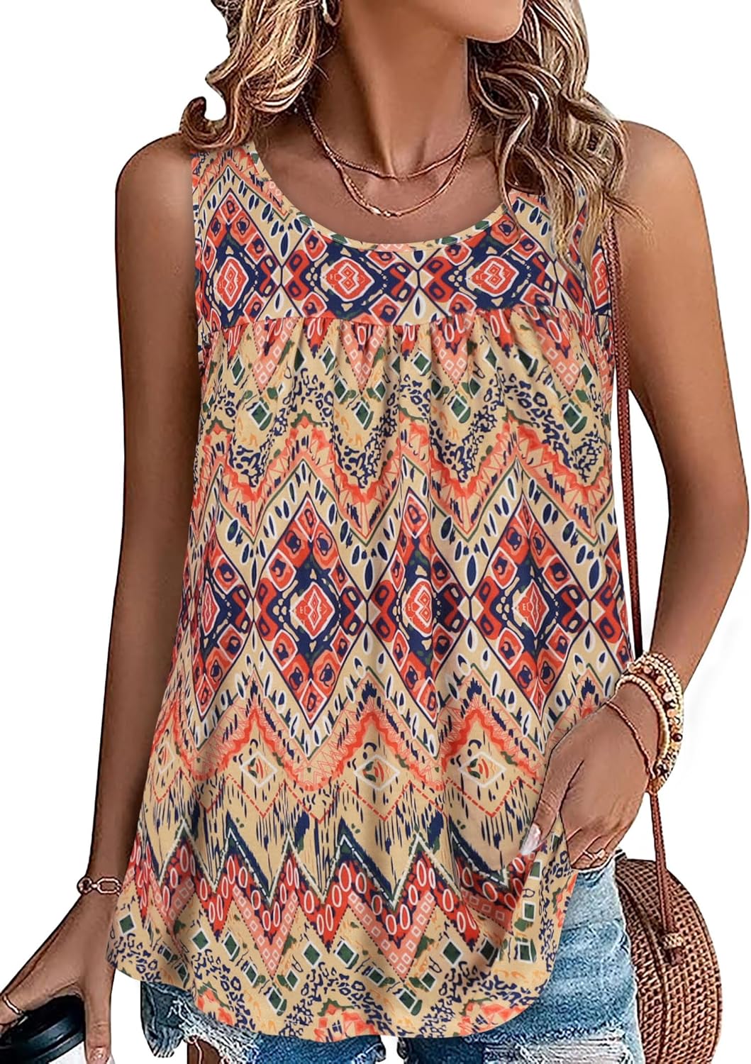 CHICGAL Womens Summer Tank Tops Sleeveless T Shirt Casual Loose Fit Tunic Blouses XX-Large Orange Ethnic